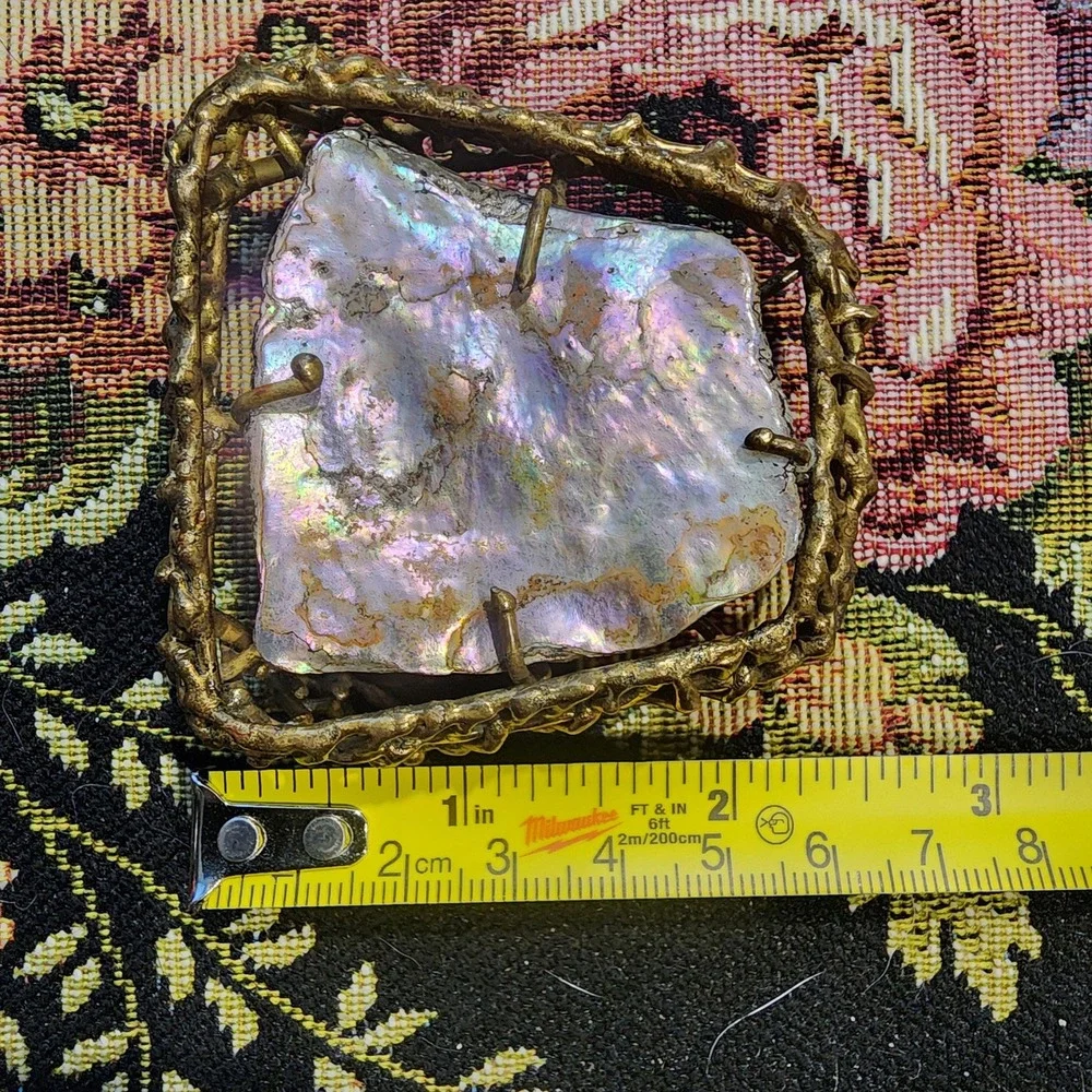 70s Vintage Brass and Abalone Brutalist Style Belt Buckle